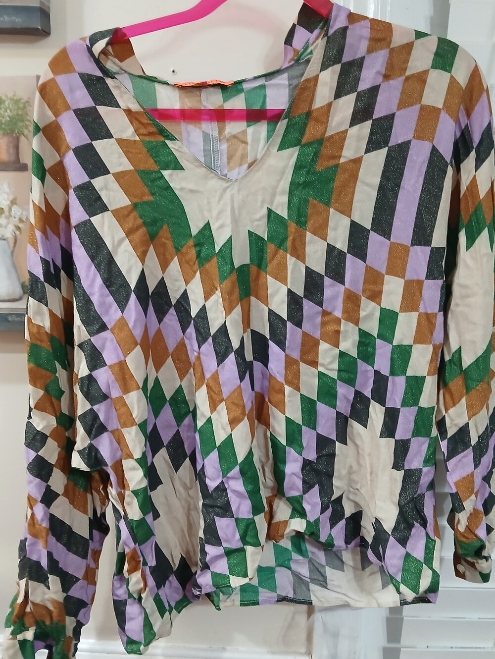 Vilagallo Retro Women’s 46 Multicolor Geometric V-Neck Long Sleeve Woven Blouse